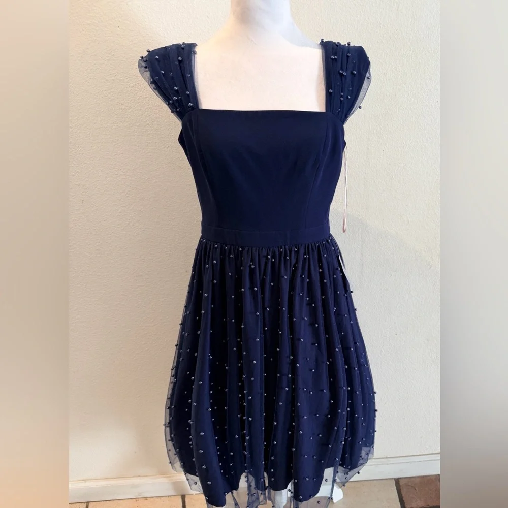 Gal Meets Glam Delores Navy Blue Pearl Beaded Dress Size 6 - Picture 6 of 6